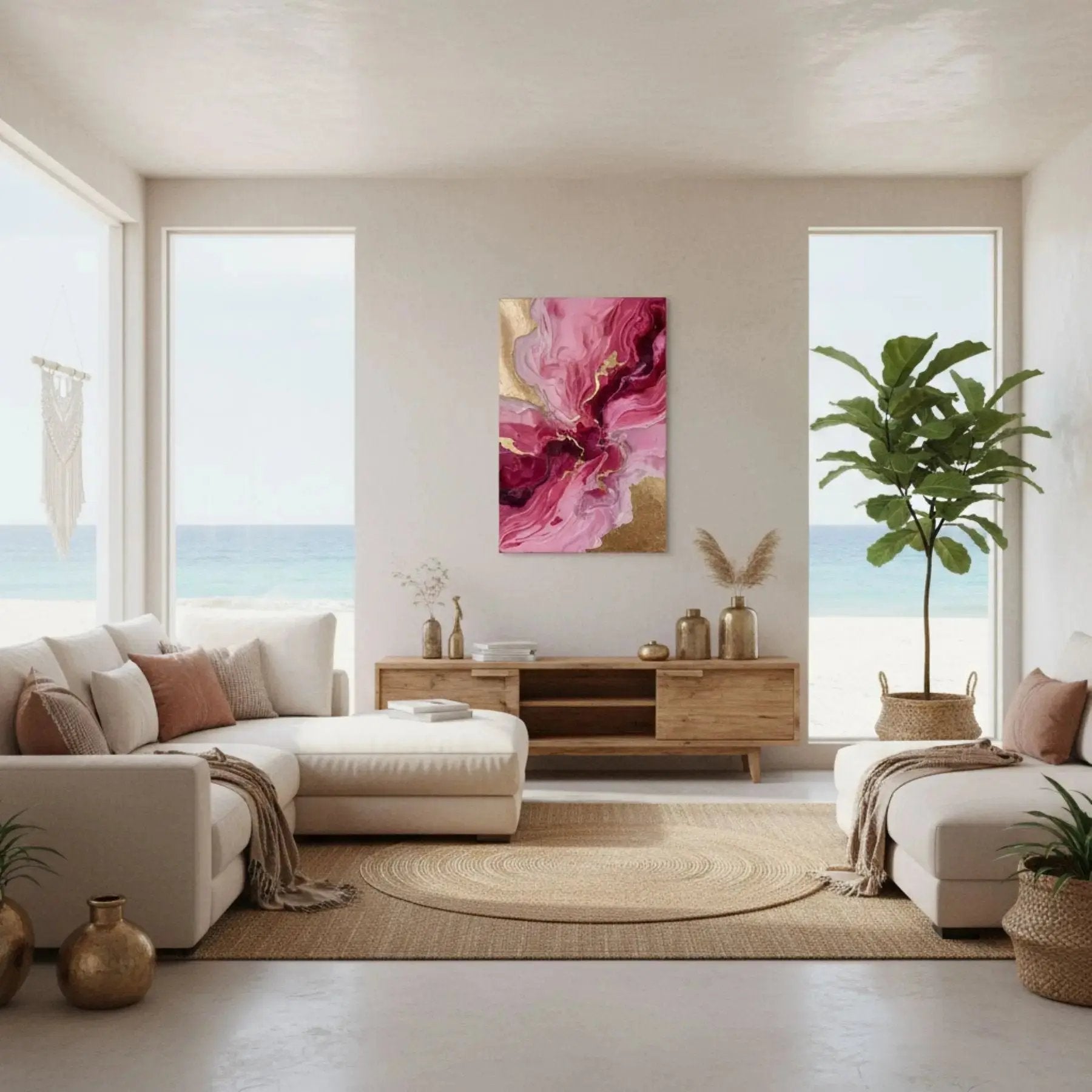 Abstract Canvas Wall Art to attract Love dispayed in Living Room at a Boho Modern decoration beach house living room