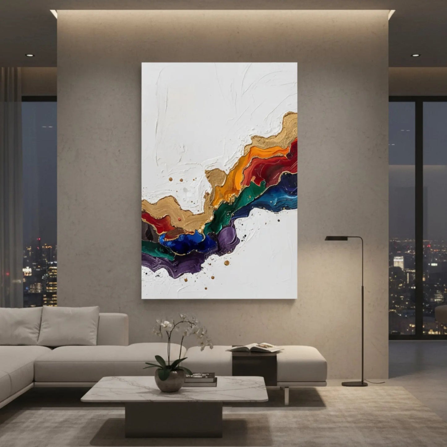 Abstract Canvas Artwork displayed in modern living Room at night. Sensorial Atelier Limited Editions
