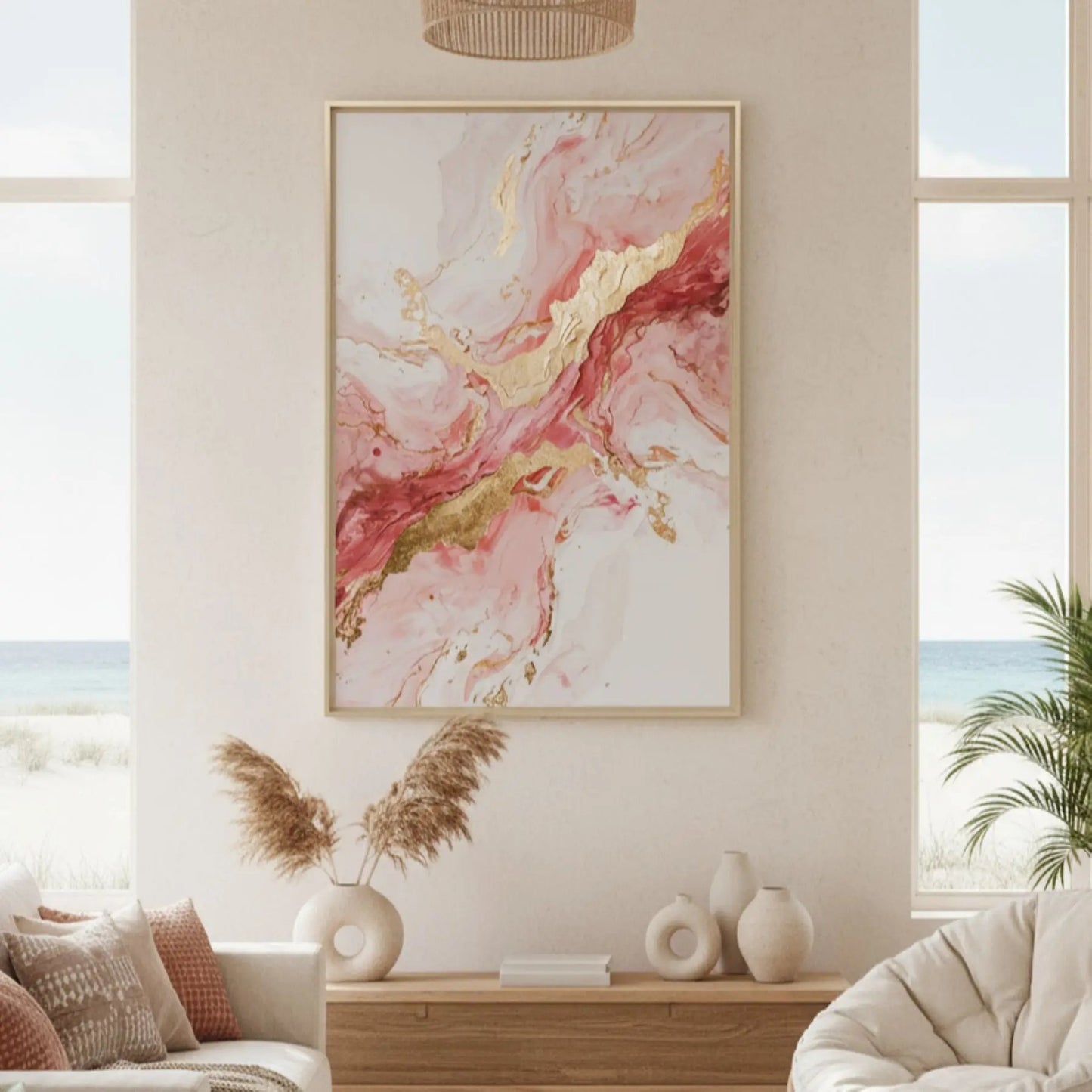 Abstract Wall Art Manifest Gratitude Displayed in Beach House Living room, Sensorial Atelier Limited Editions.