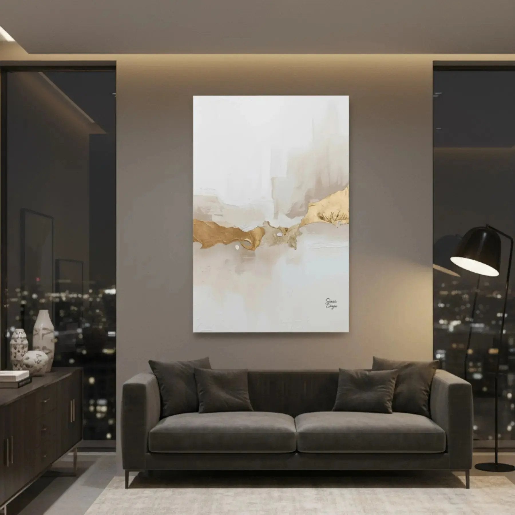 Abstract Wall Art Manifest Inner Peace displayed in homely Living room at night. Sensorial Atelier Limited Editions