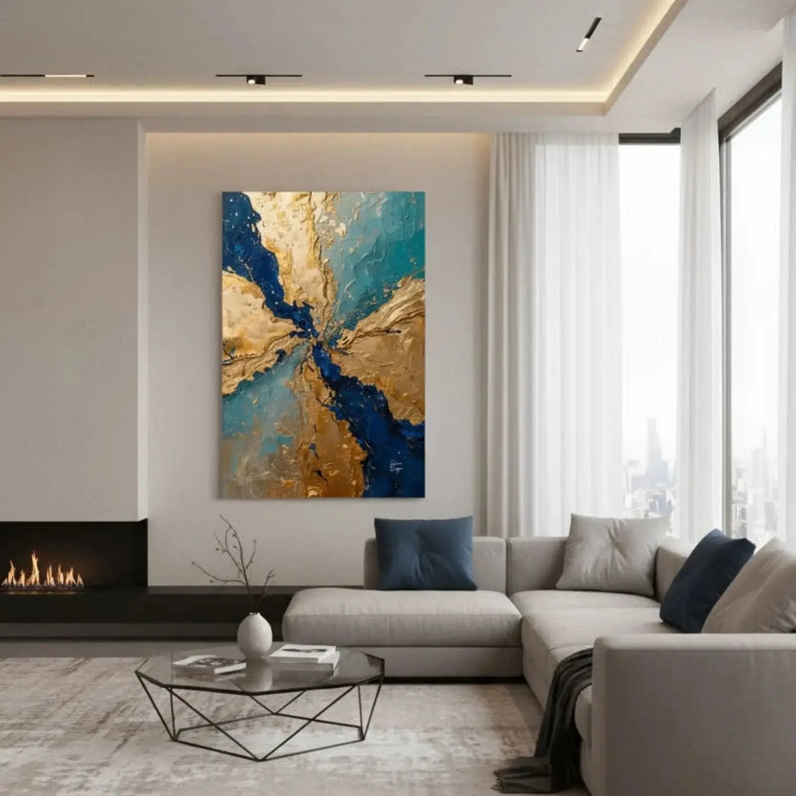 Manifest Prosperity limited edition canvas artwork in green and gold hues, from the Manifest Collection by Sissi Caya. Living room