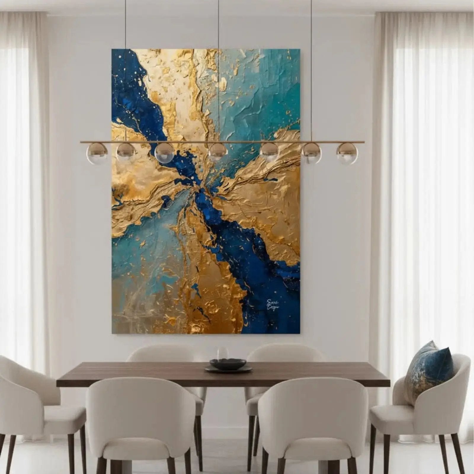 Manifest Prosperity limited edition canvas artwork in green and gold hues, from the Manifest Collection by Sissi Caya in dinning room