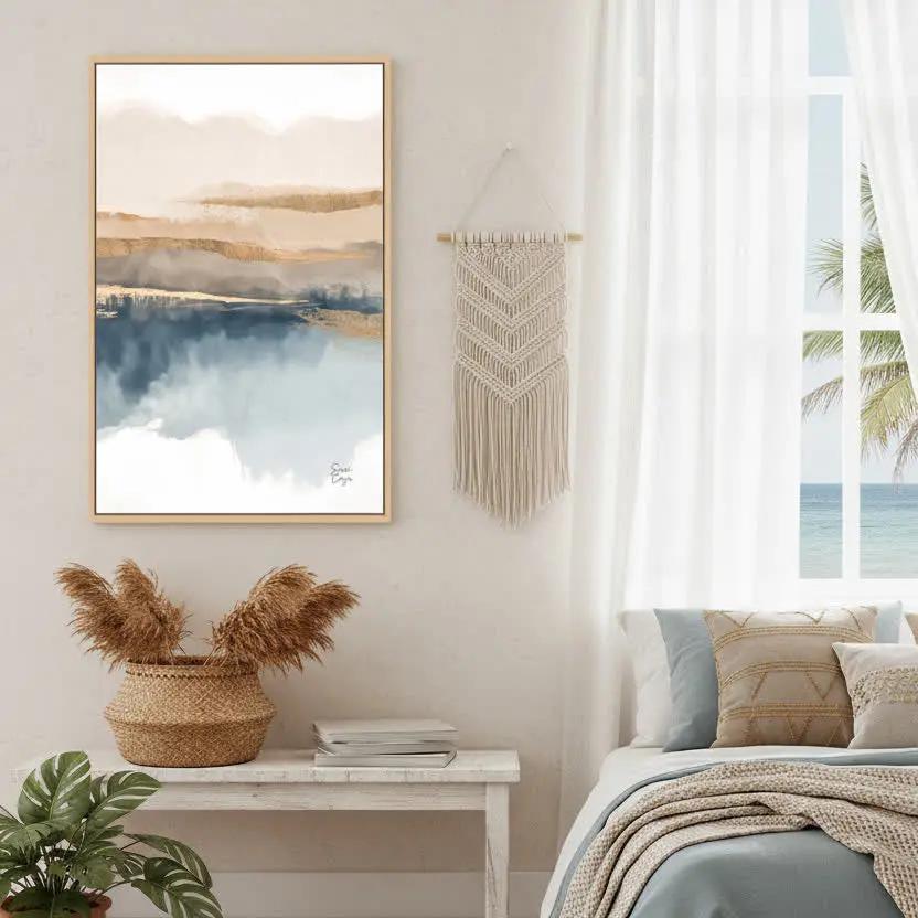 Melides Premium Framed Canvas Wall Art limited edition by Sissi Caya. Produced By white Wall displayed in a bedroom of a beach house boho chick decoration