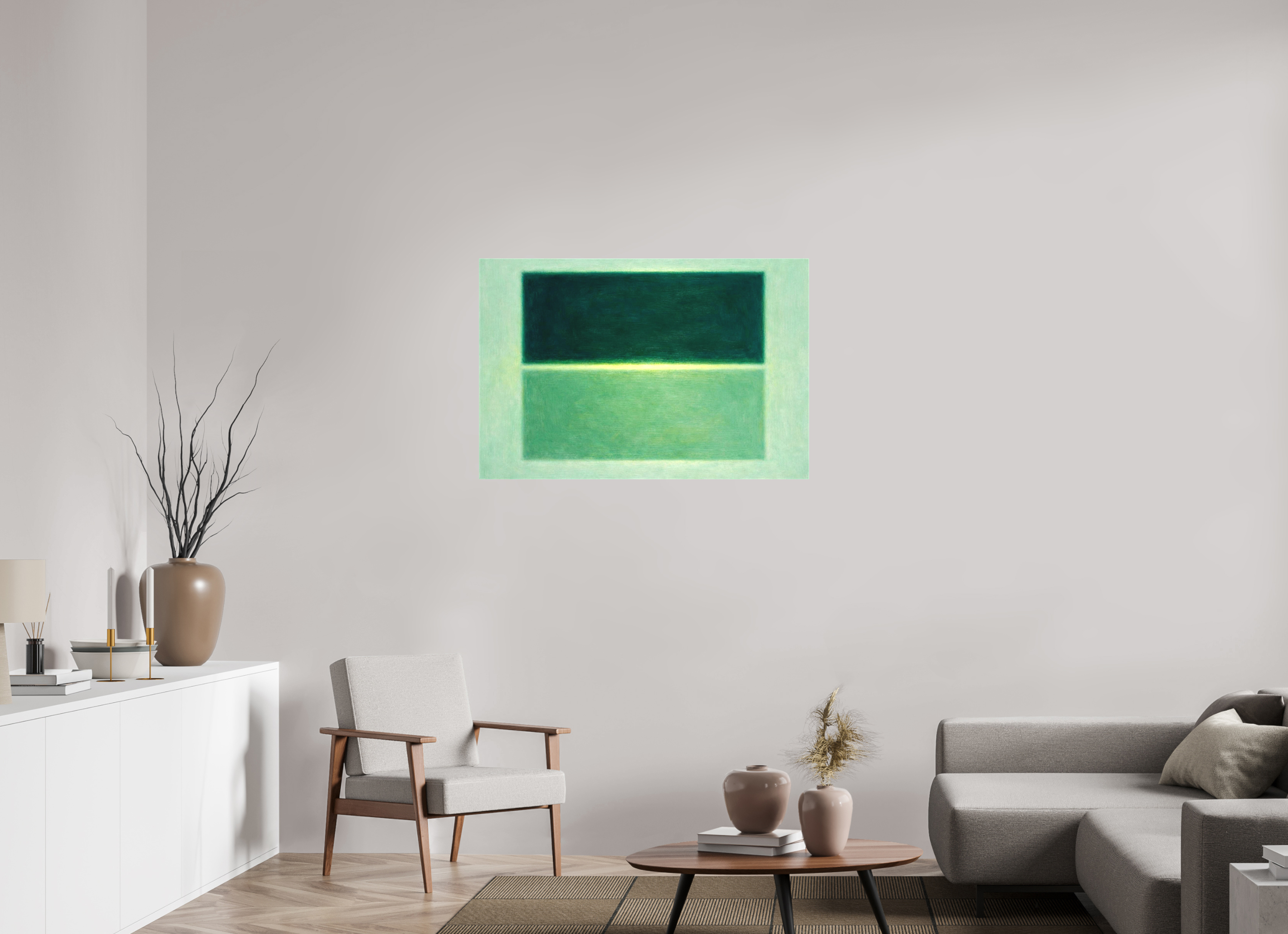 Mint A study in green that moves from darkness to light within a single cool breath in Panoramic format in living Room