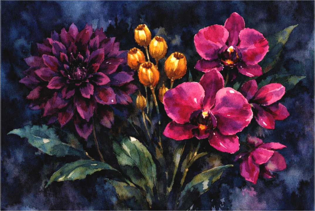 Main image Nocturnal Jewel Flowers in burgundy, purple, and gold emerging from near-black ground. Opulent, nocturnal, jewel-like. For intimate luxury interiors. Exclusive edition.