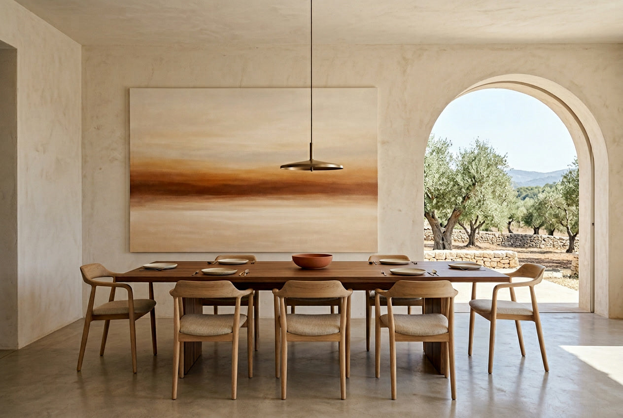 Ochre Stratum in country dining rrom. ilandscape in concentrated ochre and sienna with cream fields. Part of the Horizons Collection by Sensorial Atelier. Exclusive edition for luxury interiors.
