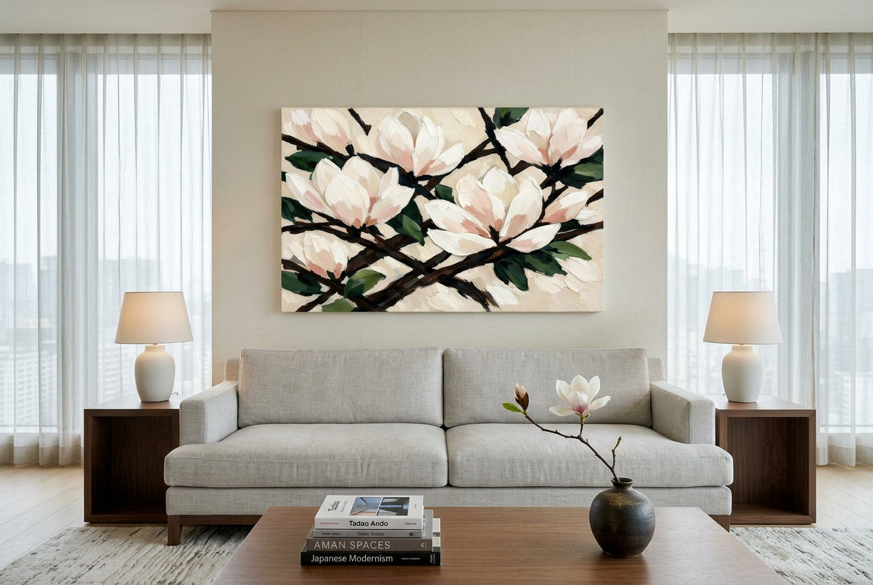 White magnolias in hotel suite living