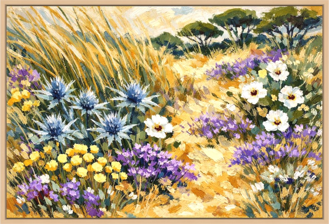 Main image Wild Comporta Dense Comporta coastal flora — dune grasses, sea holly, cistus — painted with windswept energy