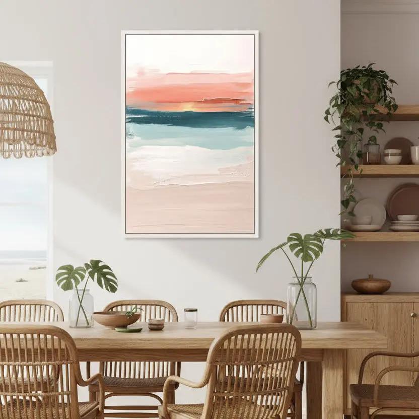 Zanzibar iconic sunset in Nungwi premium canvas wall art displayed in dining room .