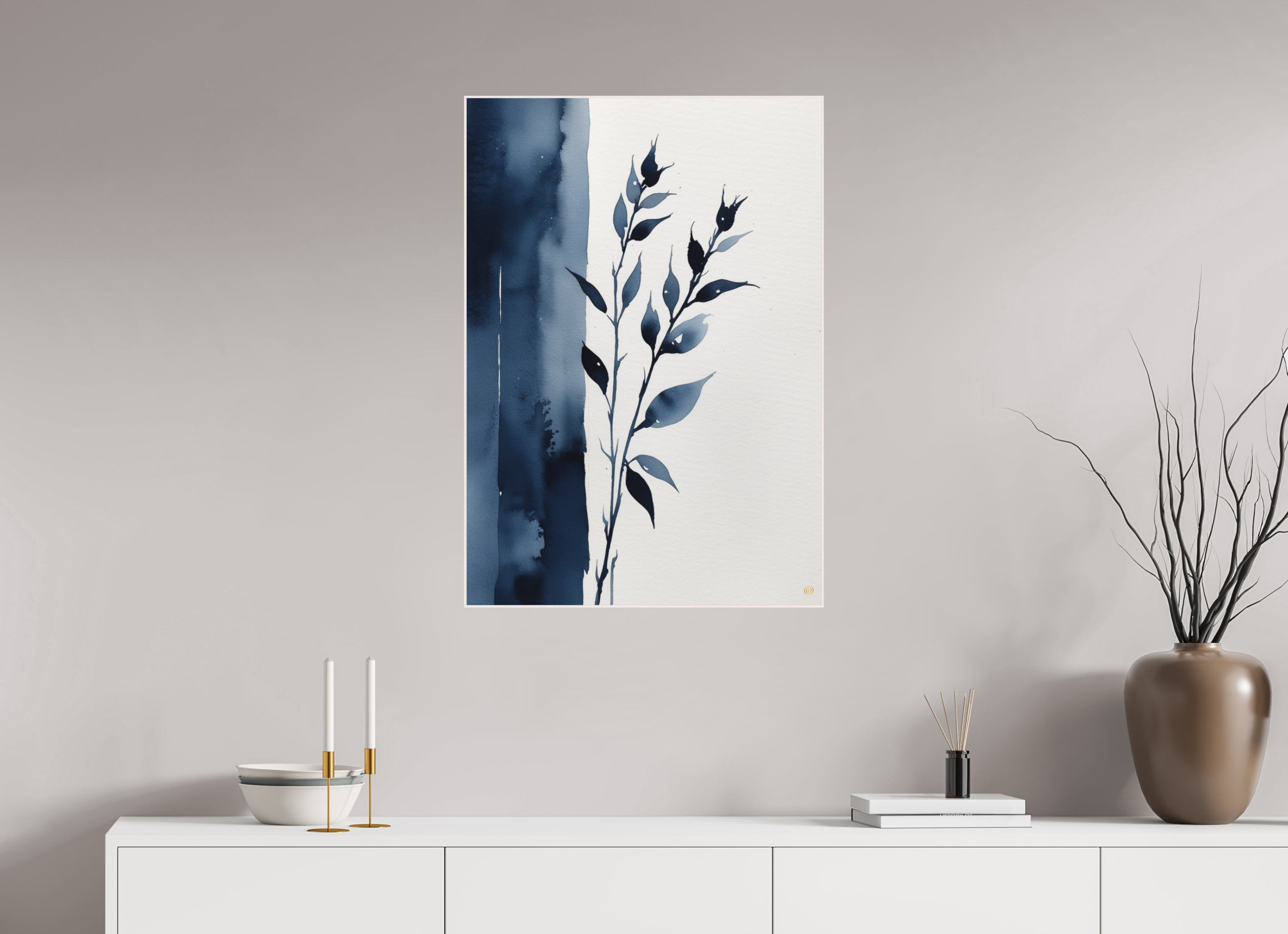 60 x 85.7 cm, Dibond 3mm, Canson Arches Aquarelle Rag, Artbox wood frame white Indigo Botanical
