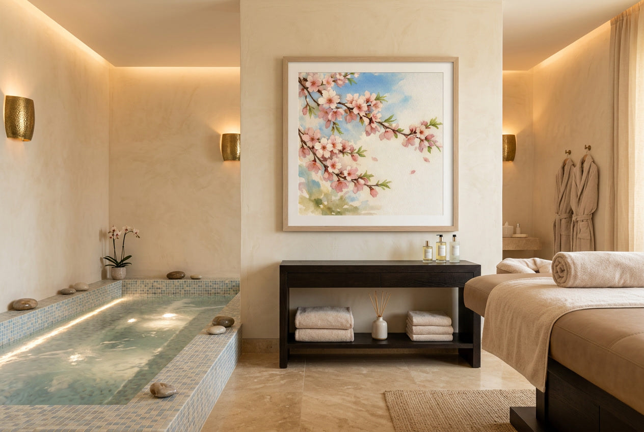 almond blossom watercolor framed natural displayed in spa