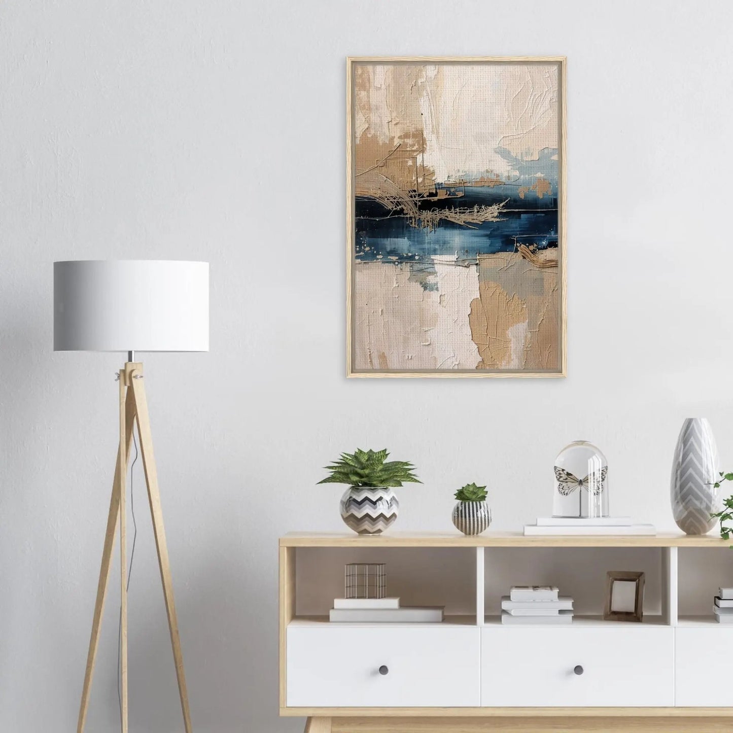 Comporta I coastal wall art by Sissi Caya displayed in a minimalist interior with soft beige tones and modern decor, inspired by Comporta Beach in Portugal