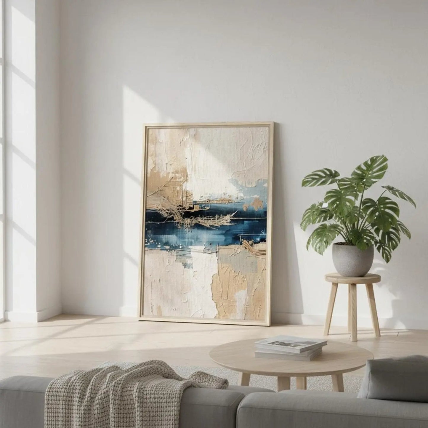 Comporta I limited edition canvas art by Sissi Caya resting against a wall in a bright coastal living room with natural light and organic textures, inspired by Comporta Beach in Portugal.