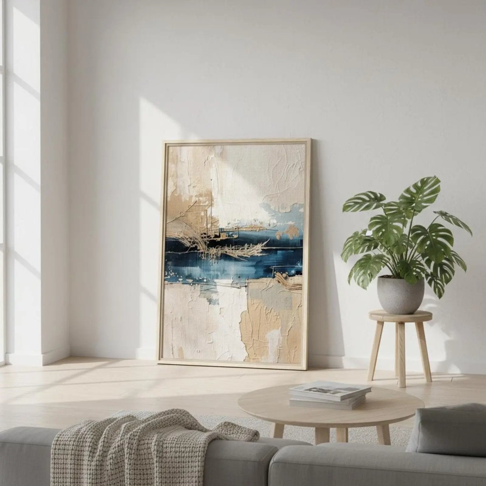 Comporta I limited edition canvas art by Sissi Caya resting against a wall in a bright coastal living room with natural light and organic textures, inspired by Comporta Beach in Portugal.