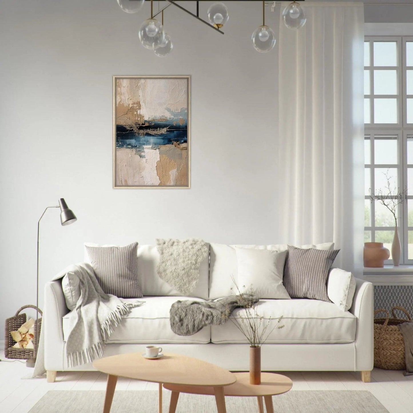 Comporta I limited edition canvas art by Sissi Caya displayed in a neutral living room with soft beige tones and coastal decor, inspired by Comporta Beach in Portugal.