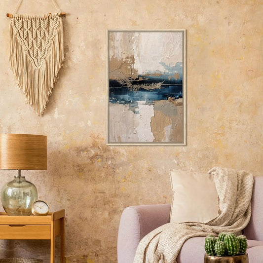 Comporta I coastal wall art by Sissi Caya displayed in a boho living room with sandy textures and natural decor, inspired by Comporta Beach in Portugal.