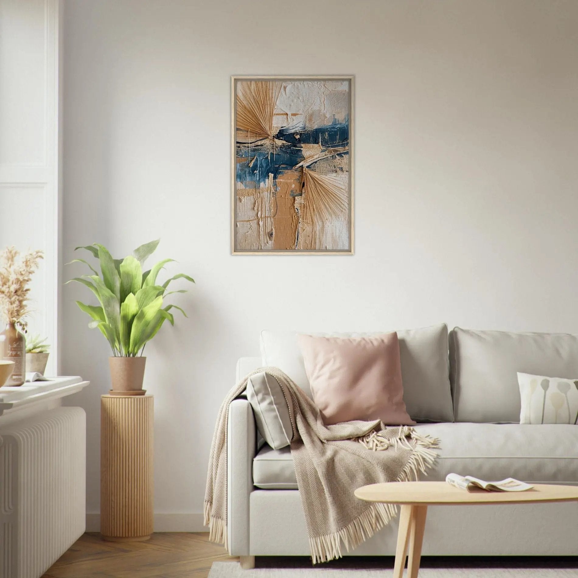 Comporta II coastal wall art by Sissi Caya displayed in a modern living room with neutral tones and natural decor, inspired by Portugal’s coastal serenity.