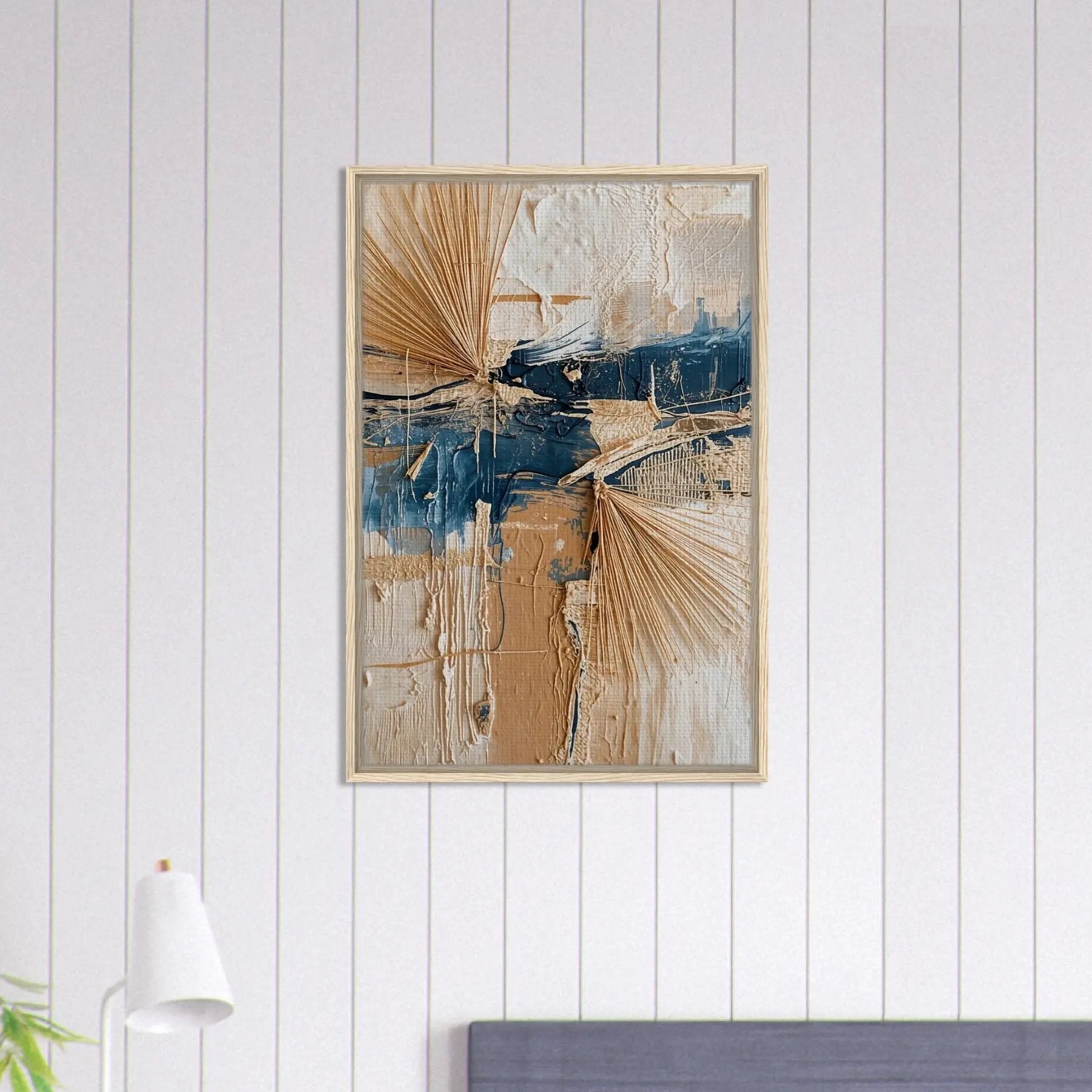 Comporta II limited edition canvas by Sissi Caya featuring abstract coastal tones of sand and blue, inspired by Portugal’s Alentejo coastline.