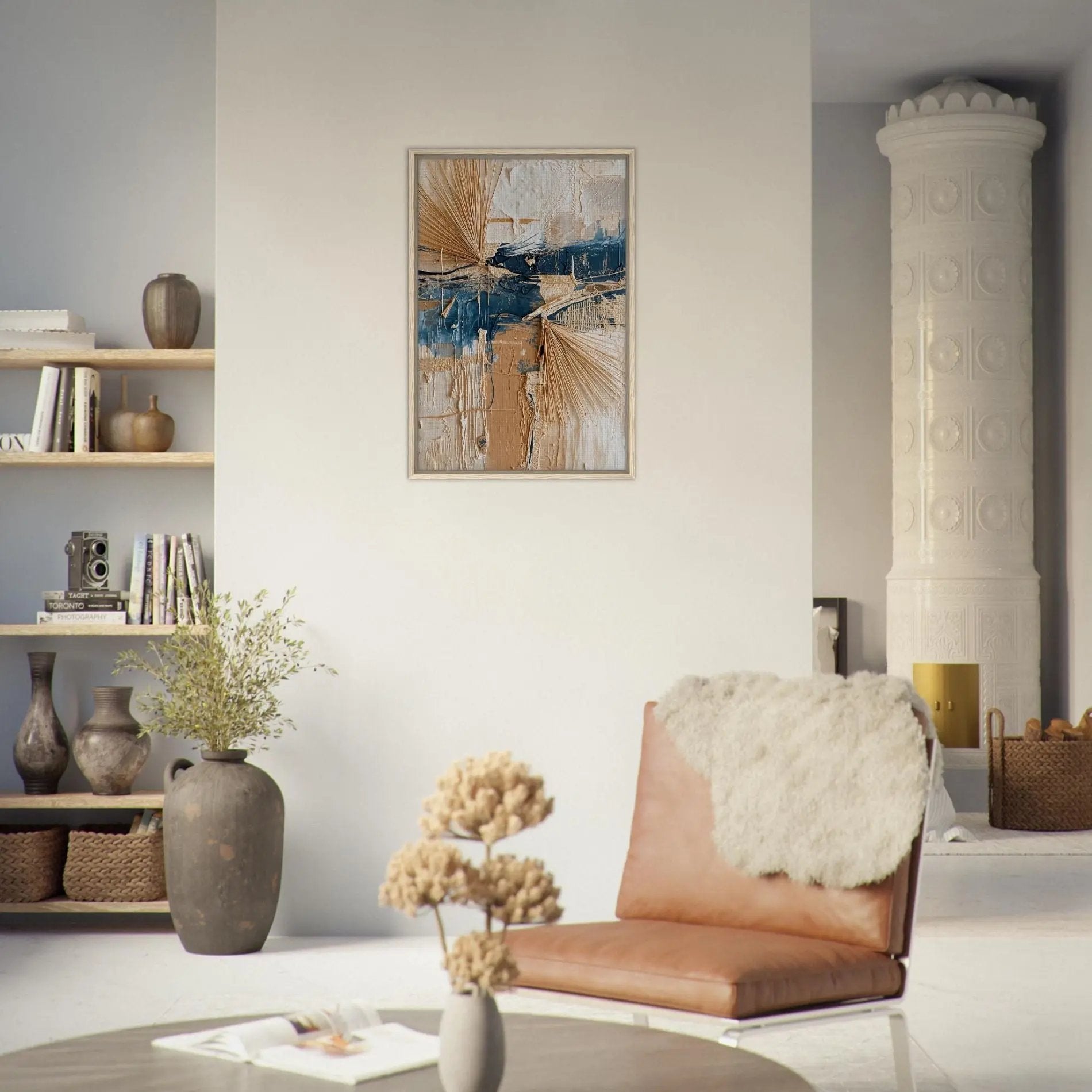 Comporta II limited edition wall art by Sissi Caya styled in a warm coastal living room with natural textures and neutral tones.