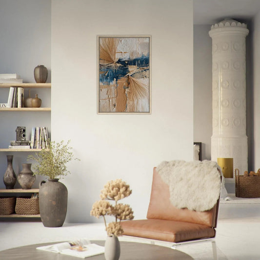 Comporta II limited edition wall art by Sissi Caya styled in a warm coastal living room with natural textures and neutral tones.