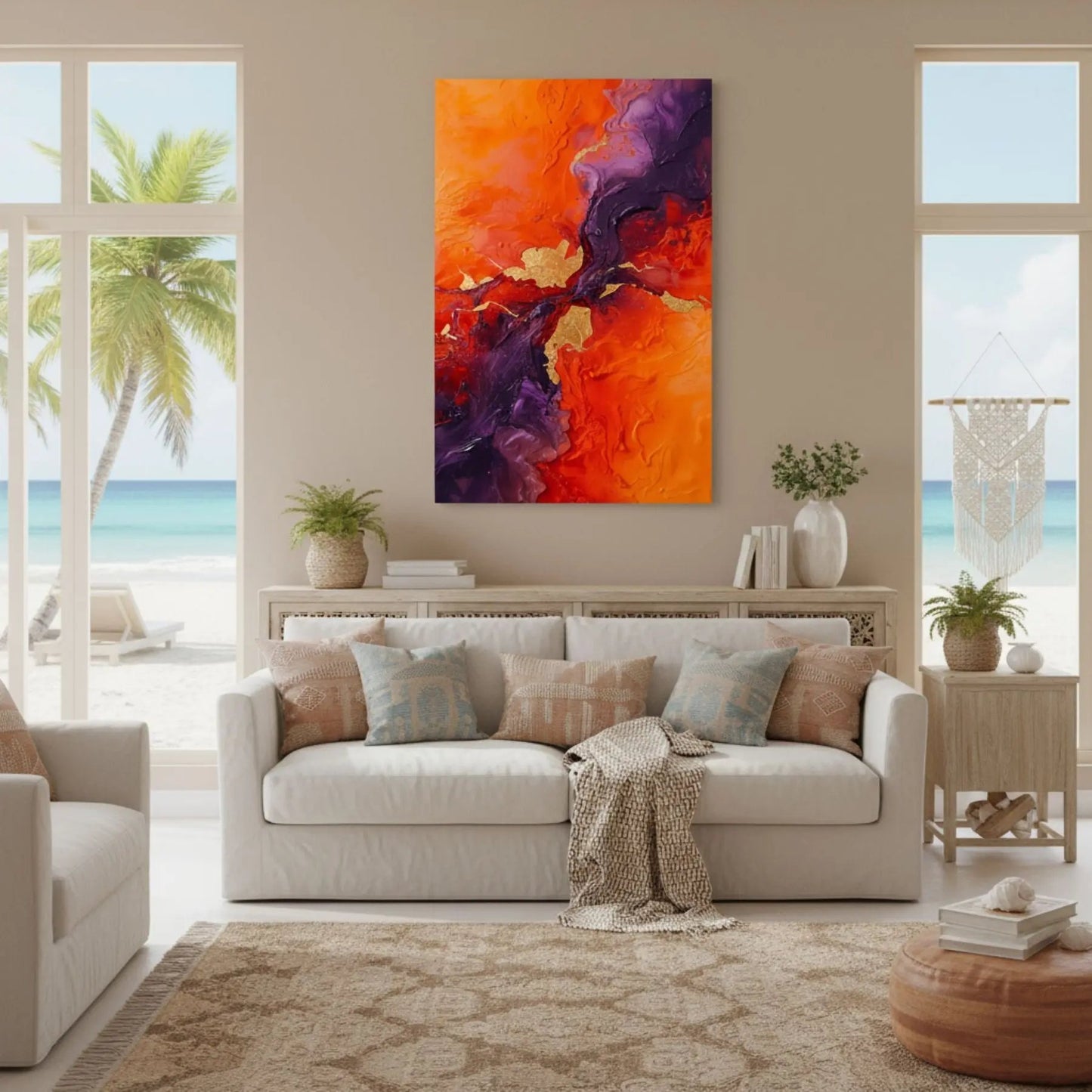 Manifest Creativity, abstract Artwork in Orange and violet tones, displayed on beach house living room, Limited Edition by Sensorial Atelier