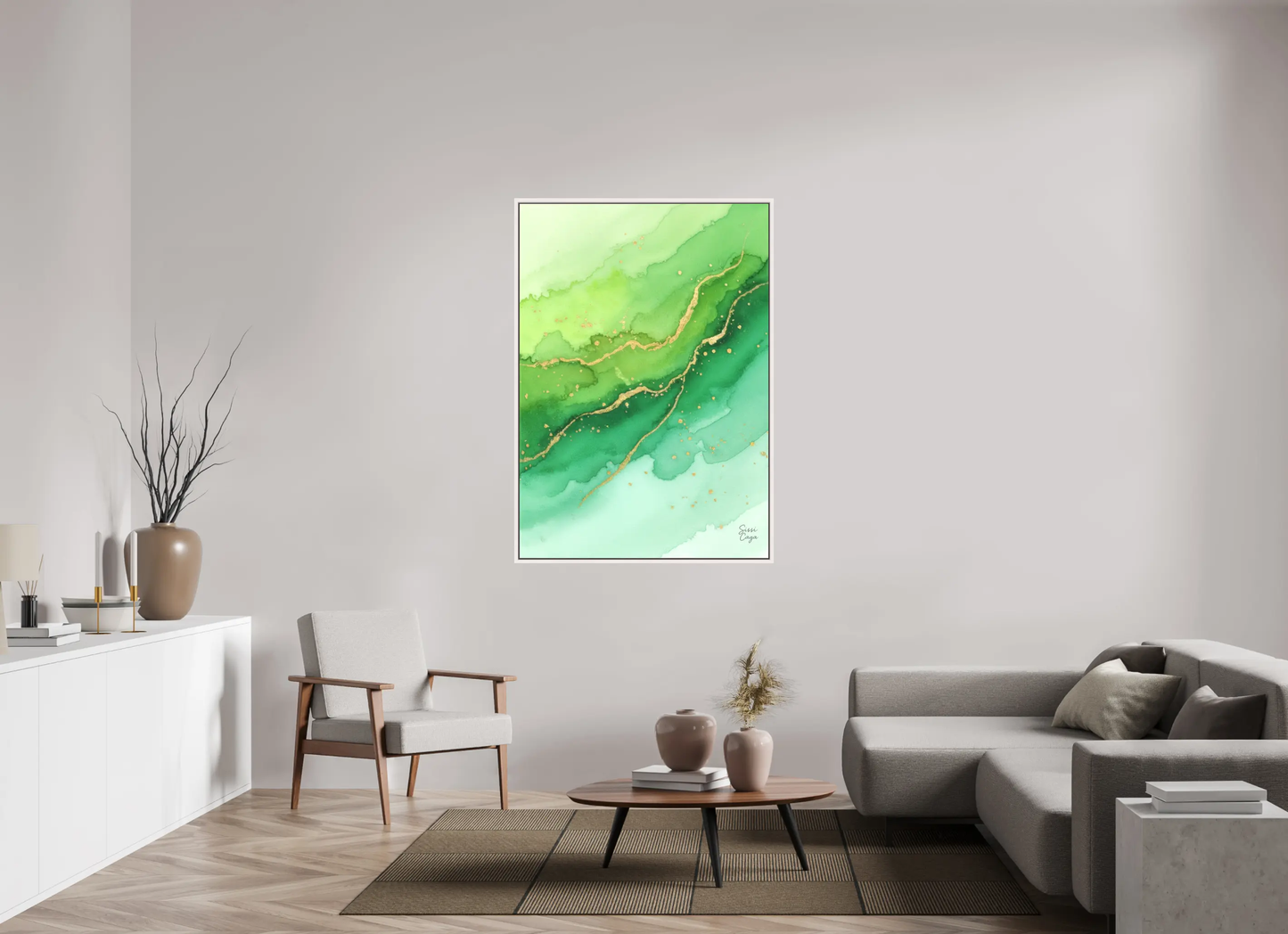 100 x 142.9 cm, Canvas framed White Green Awakening