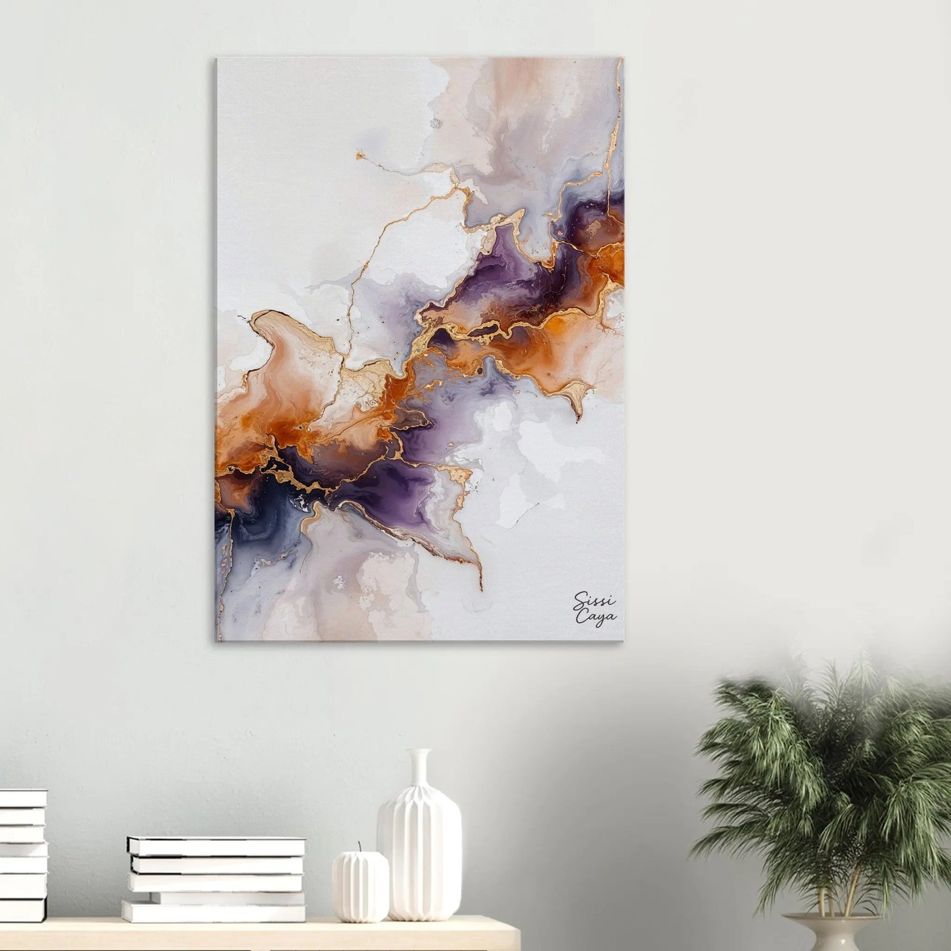 Abstract artwork with gold and purple tones representing creativity, limited edition fine art print by Sissi Caya wall displayed
