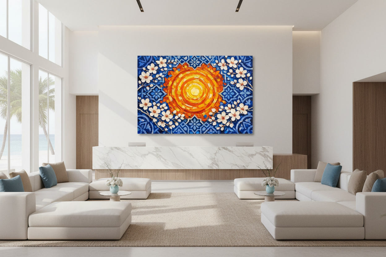 Expressionist impasto painting of Algarvian almond blossom with irregular sun thick brushwork and white flowers on dark branches in Hotel Lobby