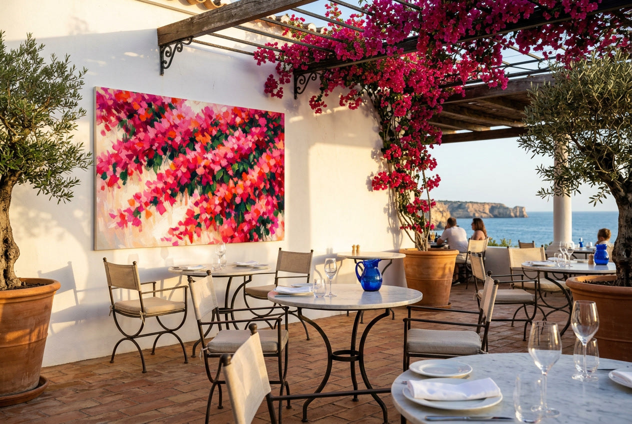Bougainvillea | White Wall Cascadein magenta coral and pink over a whitewashed wall in broad expressive brushwork in a hotel terrace 