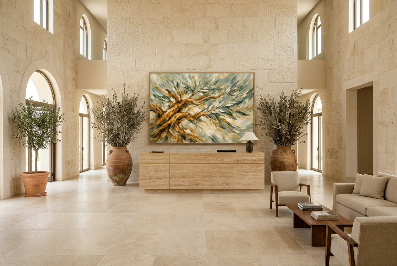CENTENNIAL_OLIVE in main focus of Meditteranean or alentejo hotel lobby