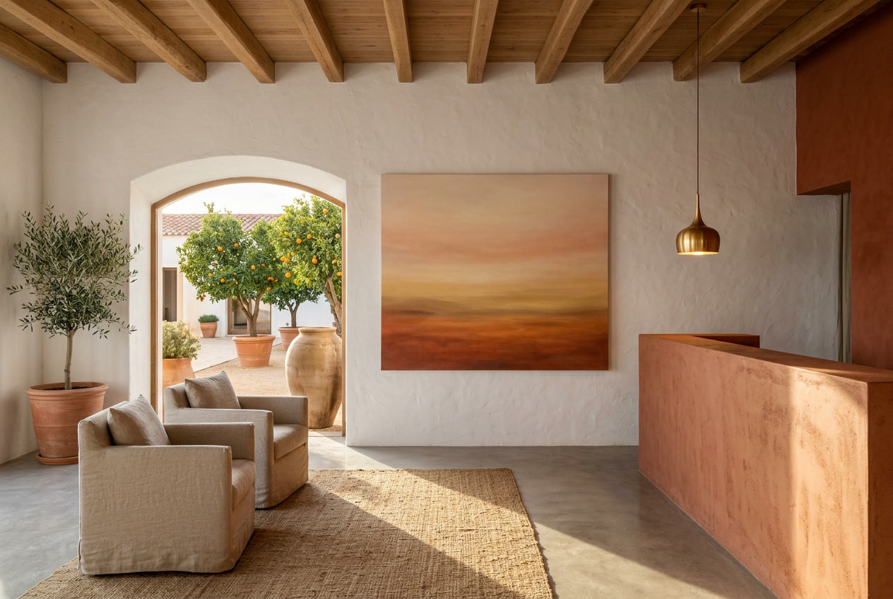 Clay Dust is a monochromatic abstract landscape in terracotta, mauve and raw clay tones in RUral Hoel Lobby.Horizons Collection by Sensorial Atelier. Exclusive edition for luxury interiors.