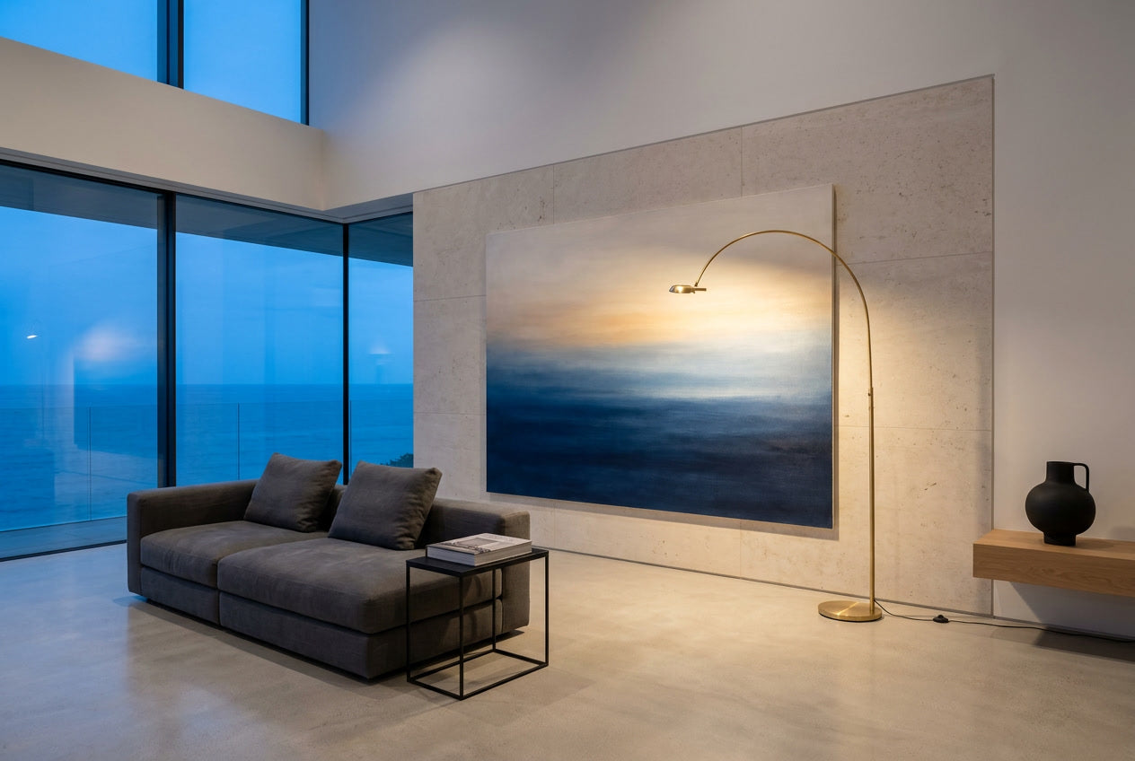Deep Blue Hour is a commanding abstract seascape in  Penthouse Living room. Part of the Horizons Collection by Sensorial Atelier. Exclusive edition for luxury interiors.