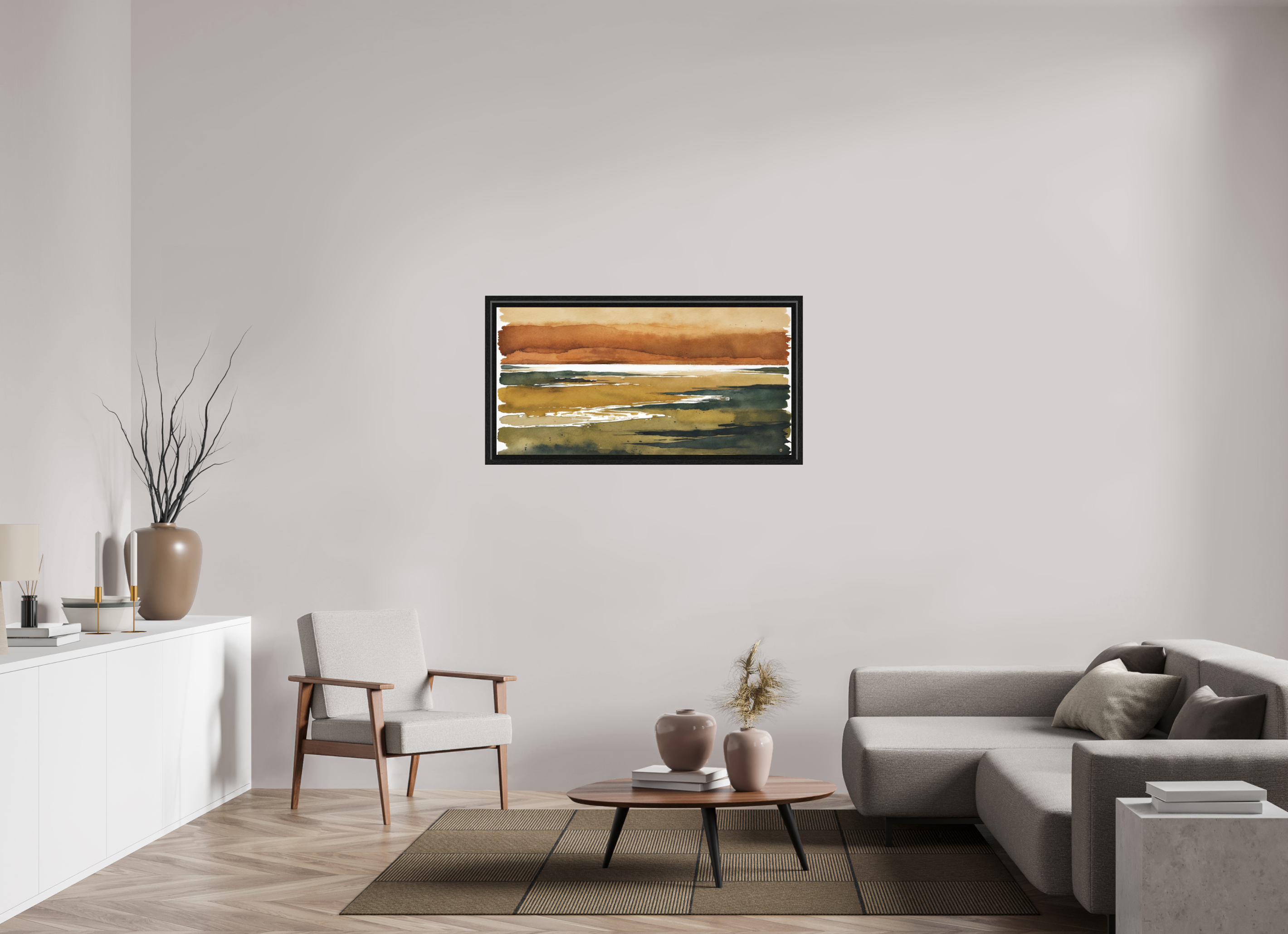 Earth Horizon - abstract earthy landscape watercolour in ochre olive and warm earth tones by Sensorial Atelier in living room