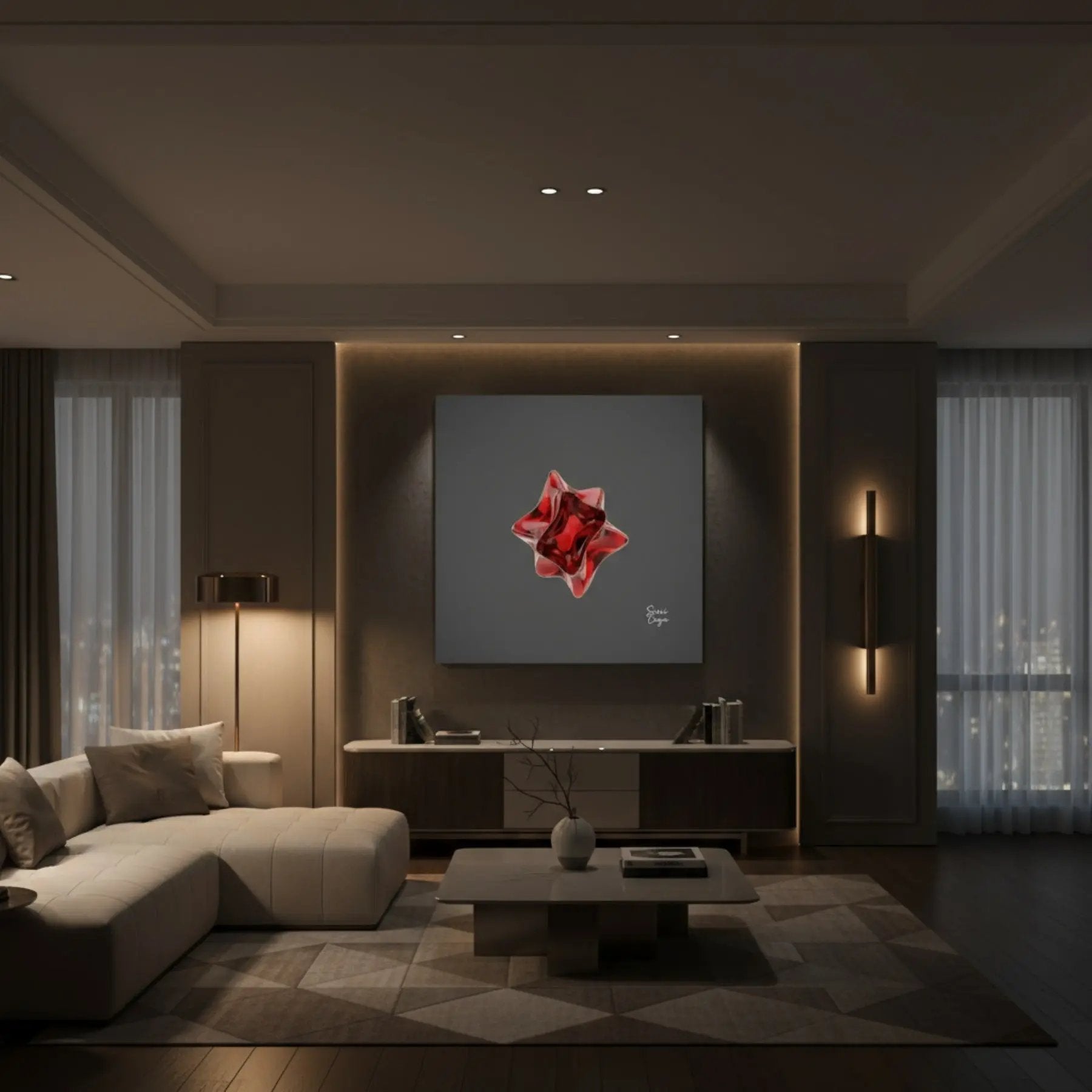 Energize Garnet limited edition canvas in a cozy night setting, abstract art evoking confidence and inner fire.