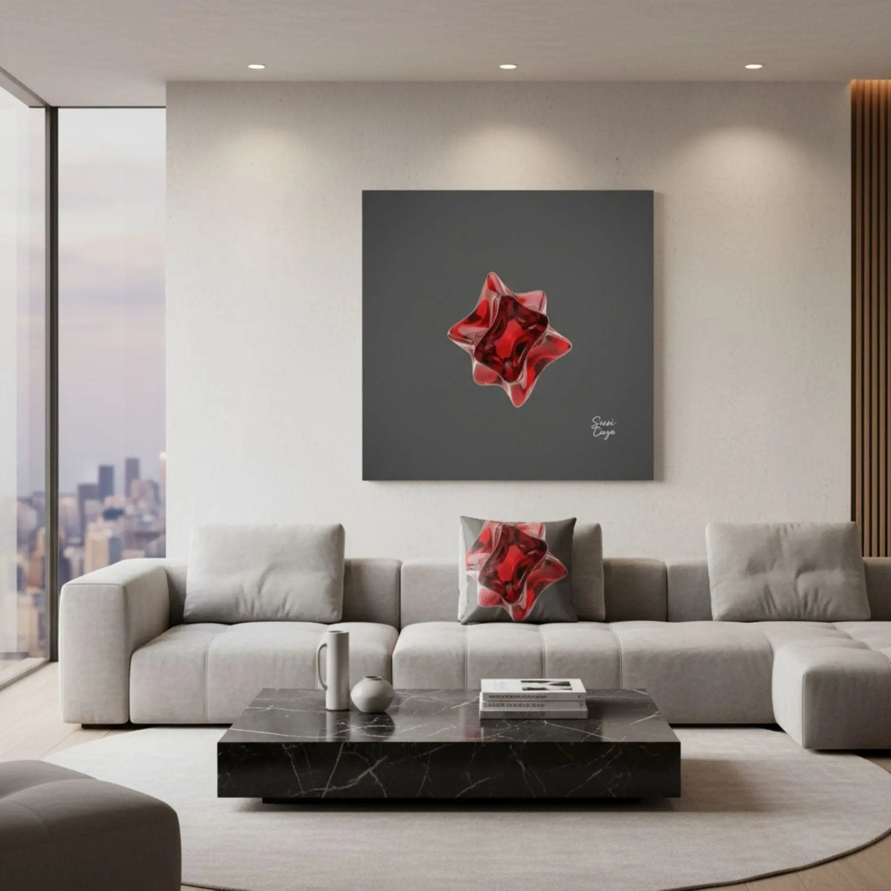 Energize Garnet limited edition canvas in a bright living room, radiating passion, vitality, and strength.