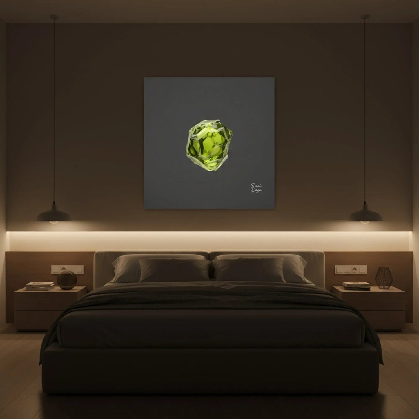 Energize Peridot canvas displayed in a serene bedroom, inspiring renewal and new beggining.