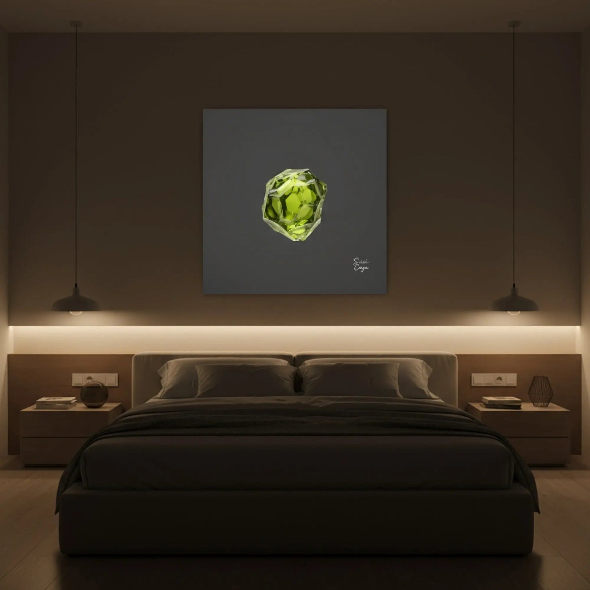Energize Peridot canvas displayed in a serene bedroom, inspiring renewal and new beggining.