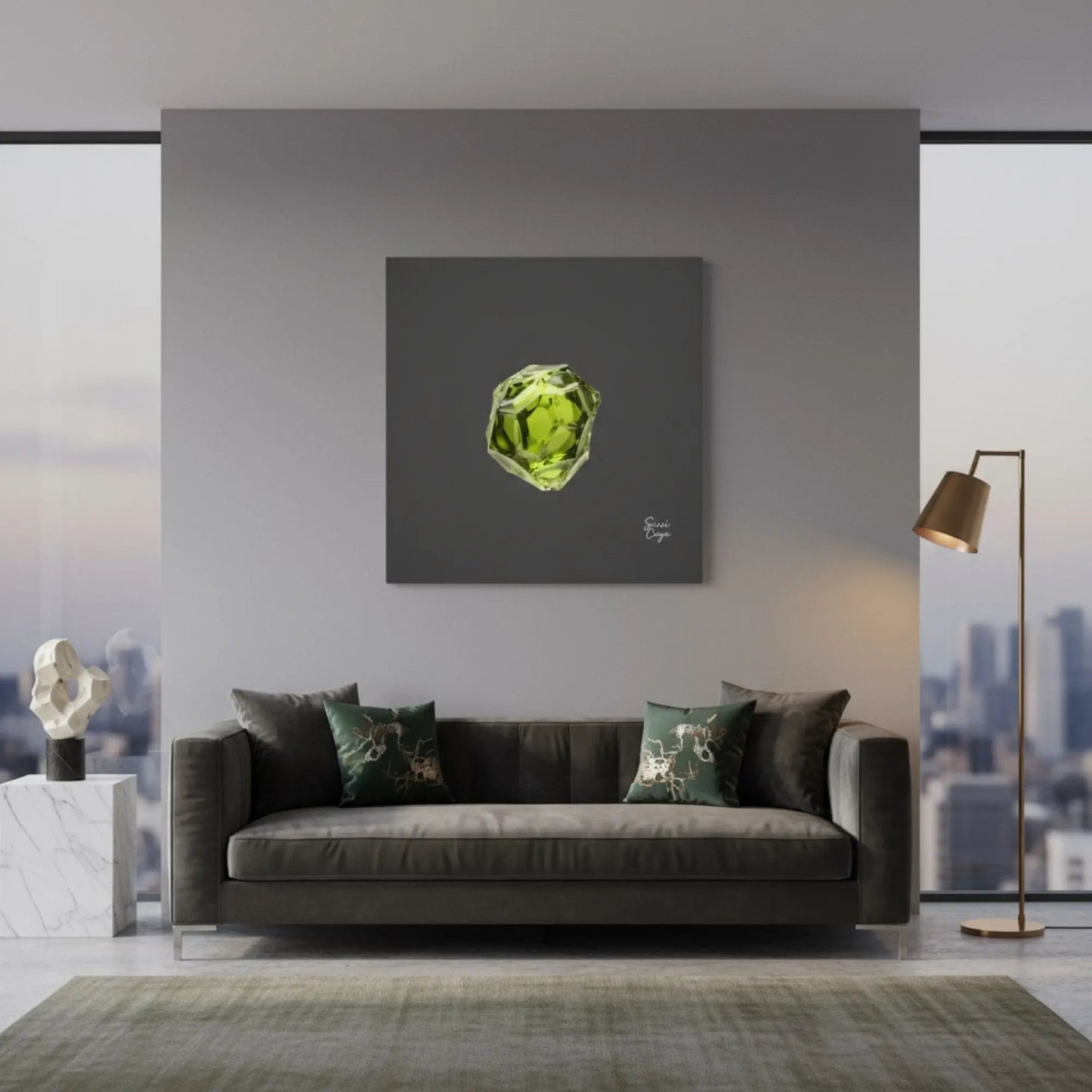 Energize Peridot canvas in a bright living room, radiating vitality, optimism, and renewal energy. Sensorial Atelier Limited Edition