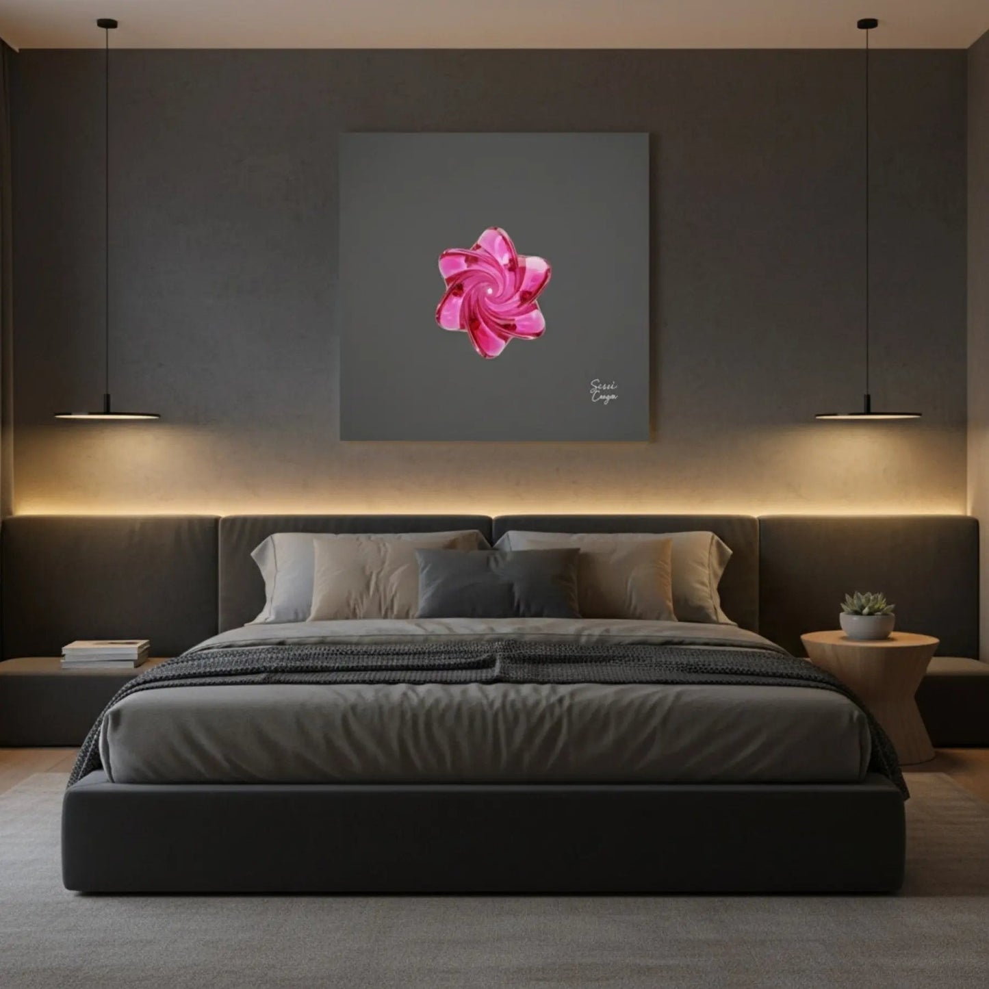 Energize Pink Tourmaline limited edition abstract canvas in a peaceful bedroom, enhancing love, balance, and comfort.