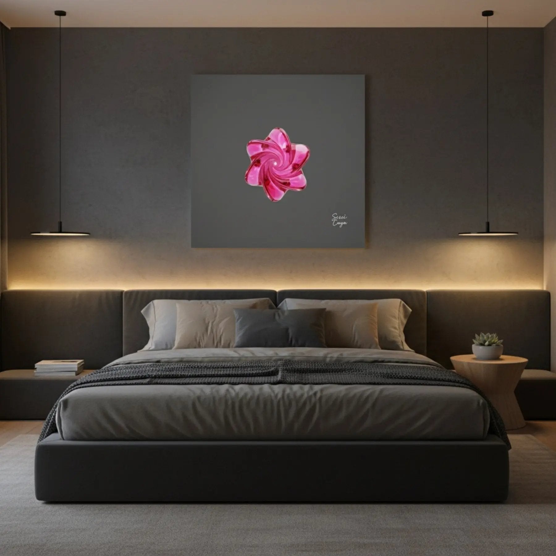Energize Pink Tourmaline limited edition abstract canvas in a peaceful bedroom, enhancing love, balance, and comfort.