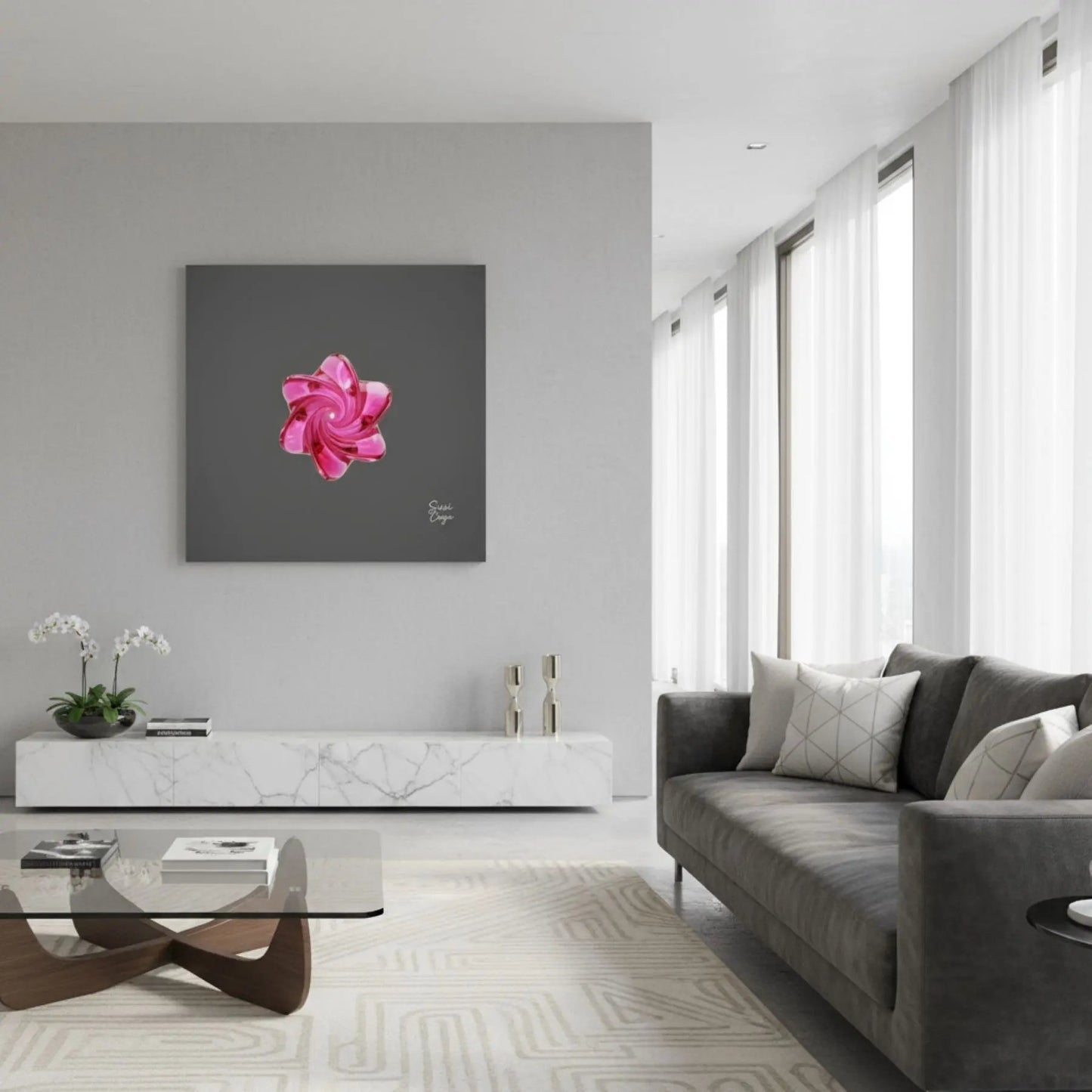 Energize  Pink Tourmaline limited edition canvas artwork displayed in a bright living room, radiating love, compassion, and gentle emotional warmth.