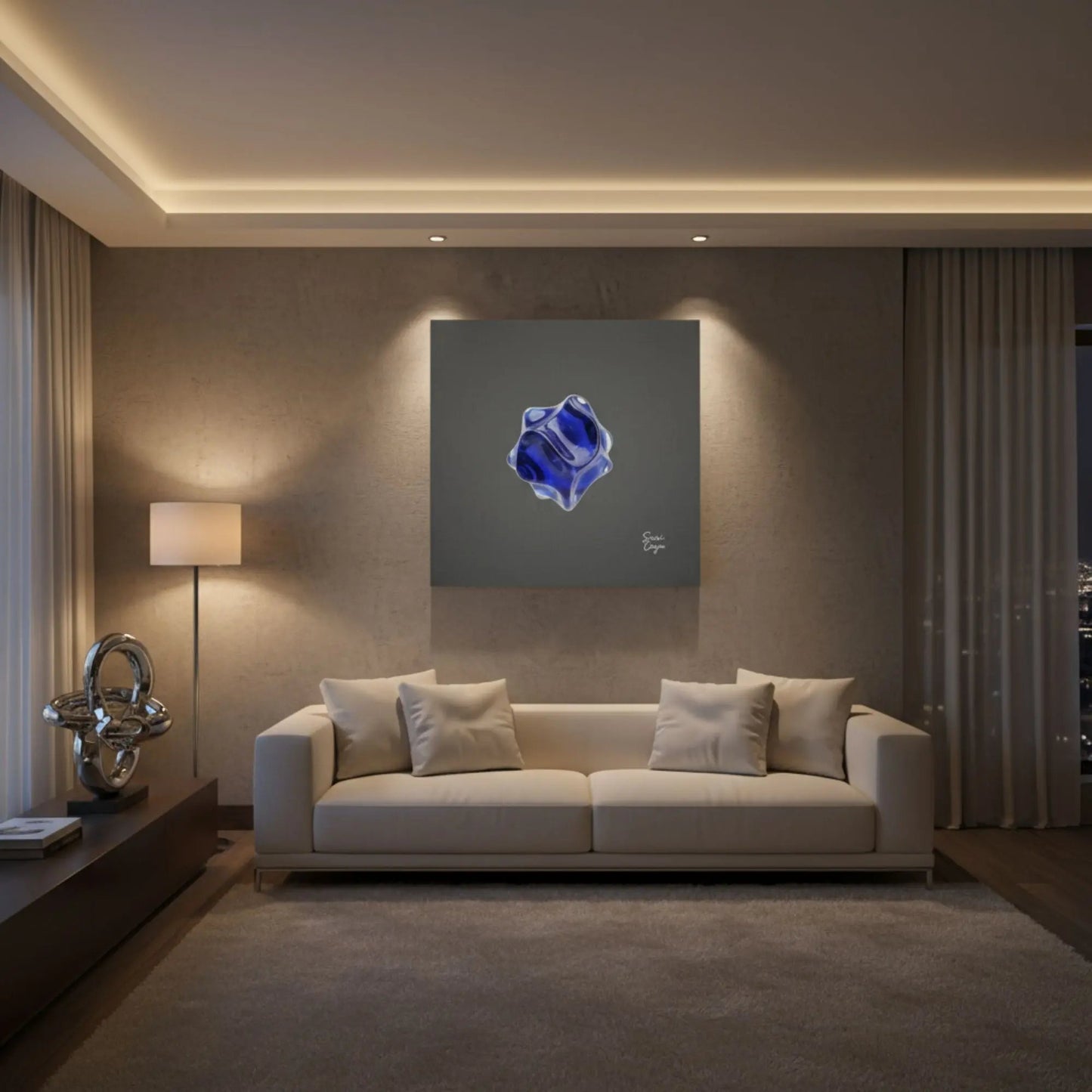 Energize  Kyanite canvas displayed in a calm living room at night, enhancing the atmosphere of focus and inner clarity. Limited Editions Sensorial Atelier