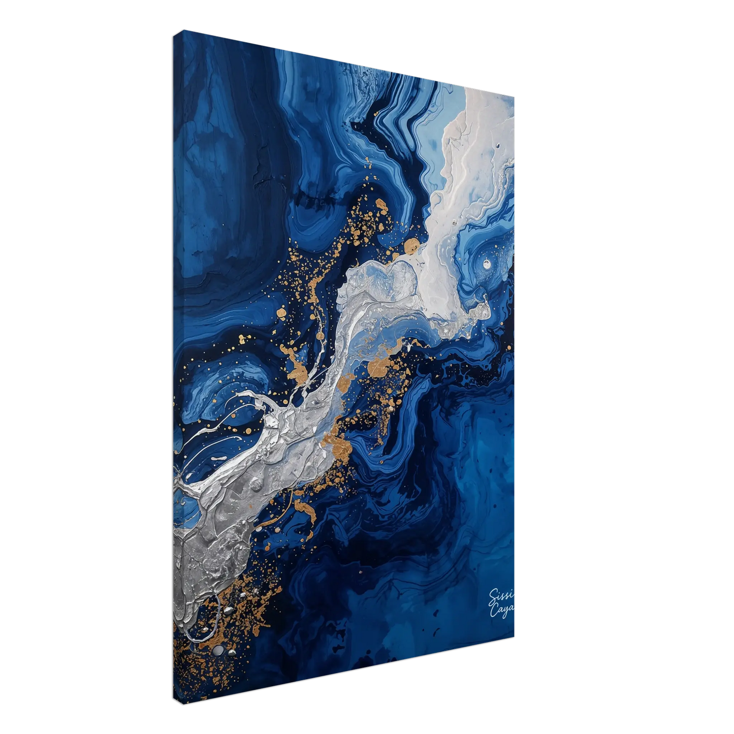 Abstract wall art in blue, gold, silver tones by Sissi caya
