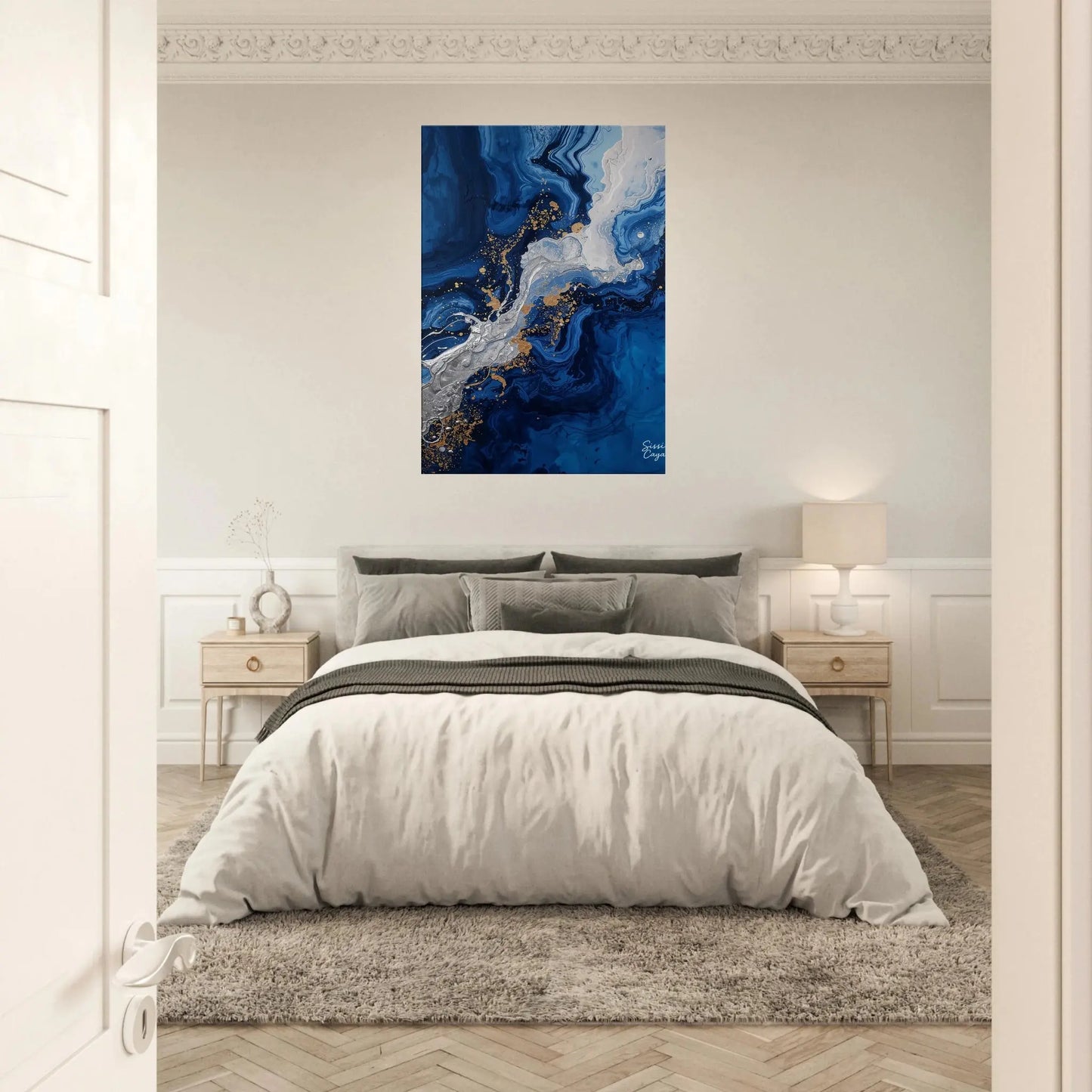 Abstract blue and gold artwork symbolizing intuition and inner guidance, limited edition fine art print by Sissi Caya from the Feel Collection in bedroom