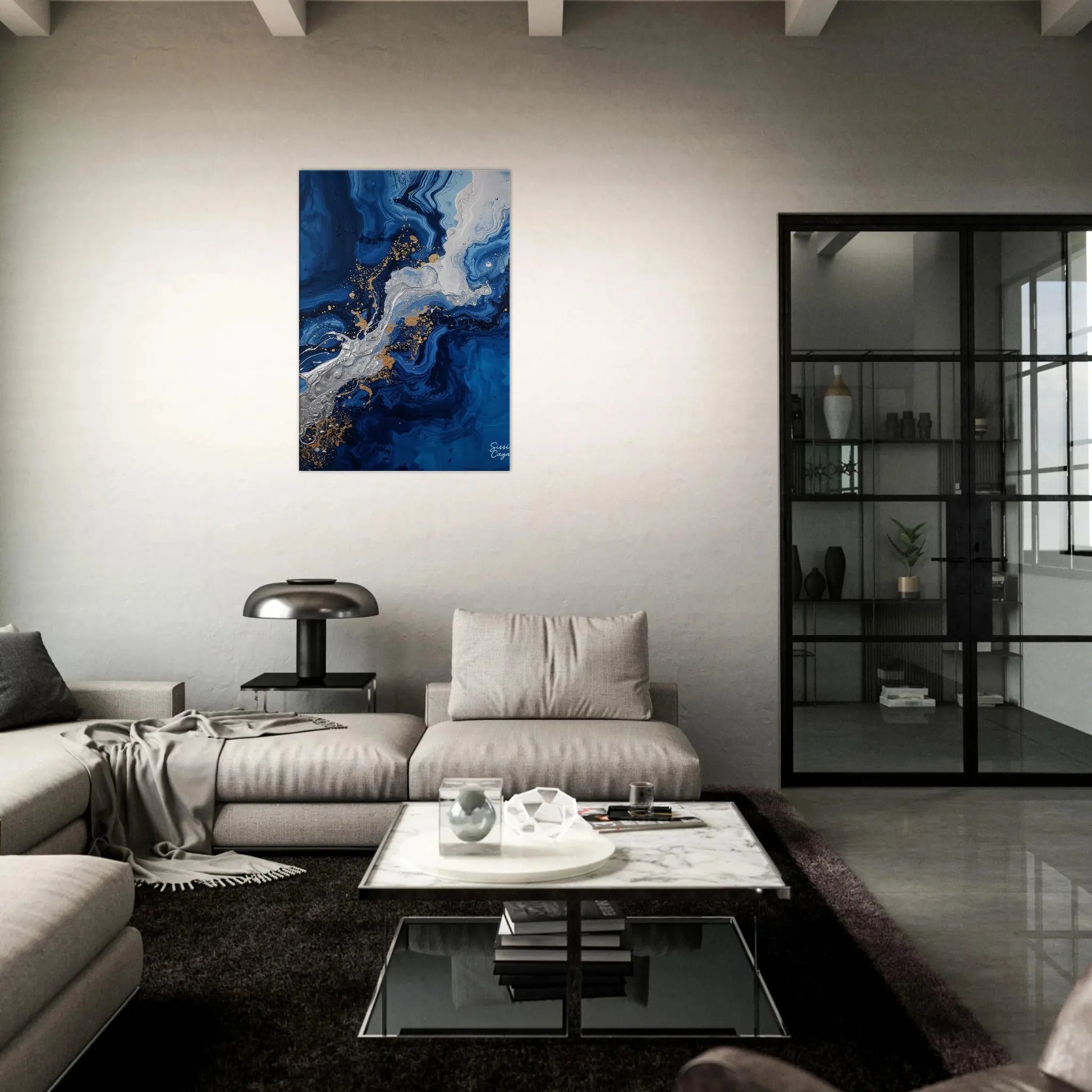 Abstract blue and gold artwork symbolizing intuition and inner guidance, displayed above a bed in a cozy bedroom, limited edition fine art print by Sissi Caya from the Feel Collection