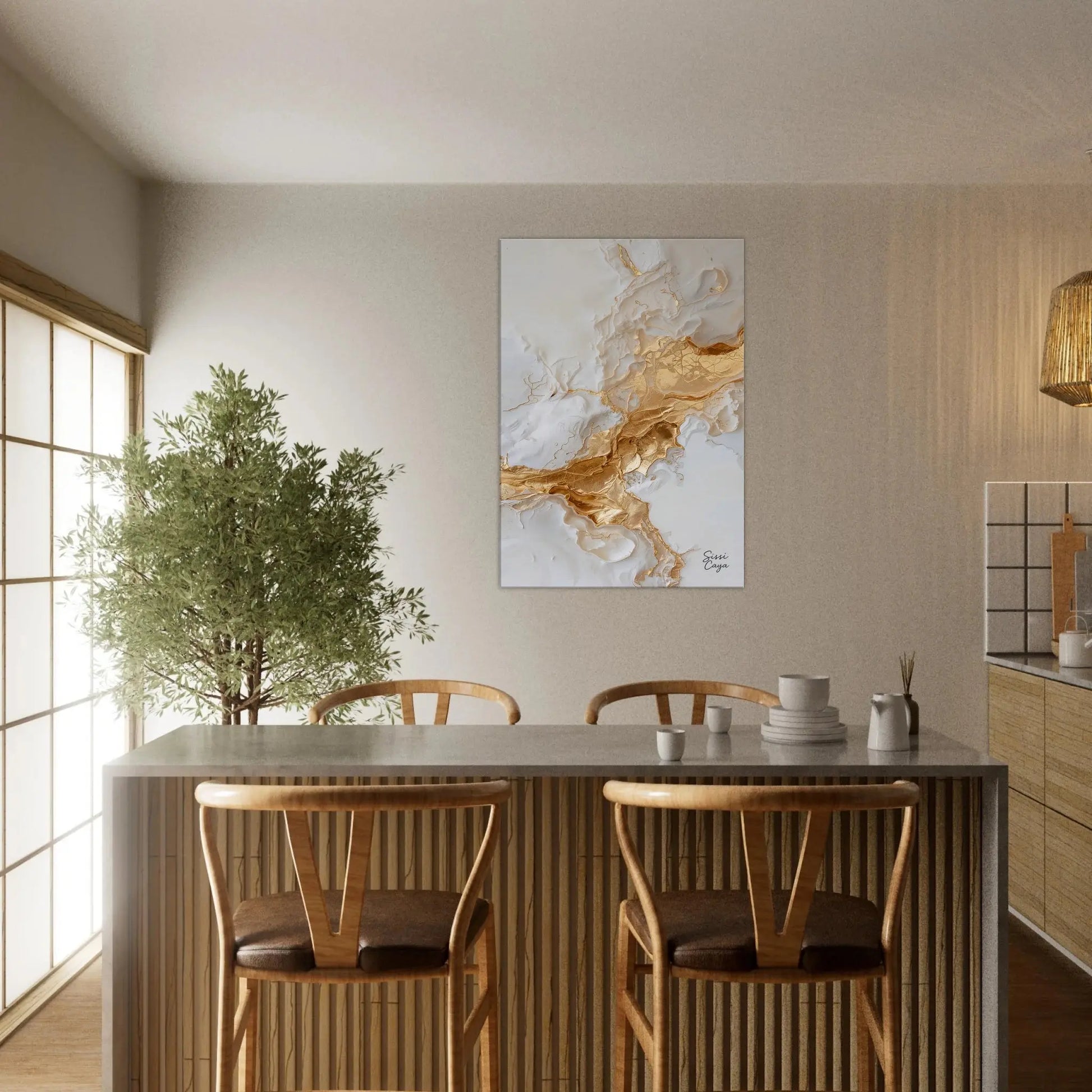 Minimalist white and gold abstract artwork representing inner peace, displayed in a kitchen, limited edition by Sissi Caya.