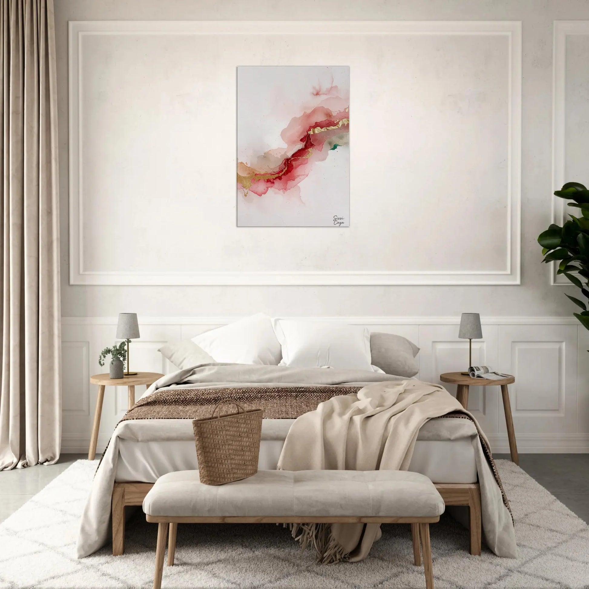 Pink, gold, and white abstract artwork symbolizing self-love, displayed above a bed in a serene bedroom, fine art print by Sissi Caya.