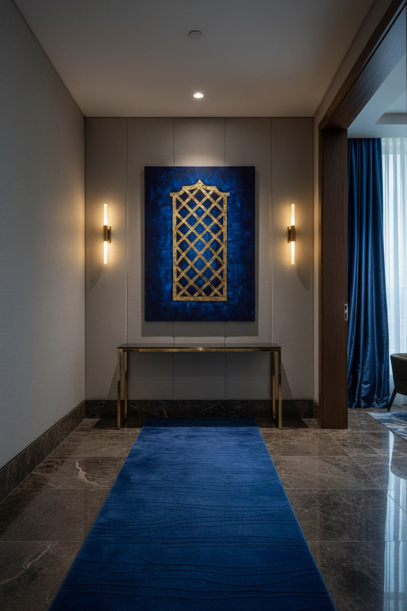Gold lattice Algarvian chimney crown on deep night-blue ground in contemporary impasto on Suite Entrance