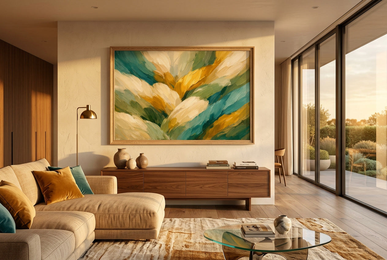 Golden Bllom Fmamed in warm cozy living room