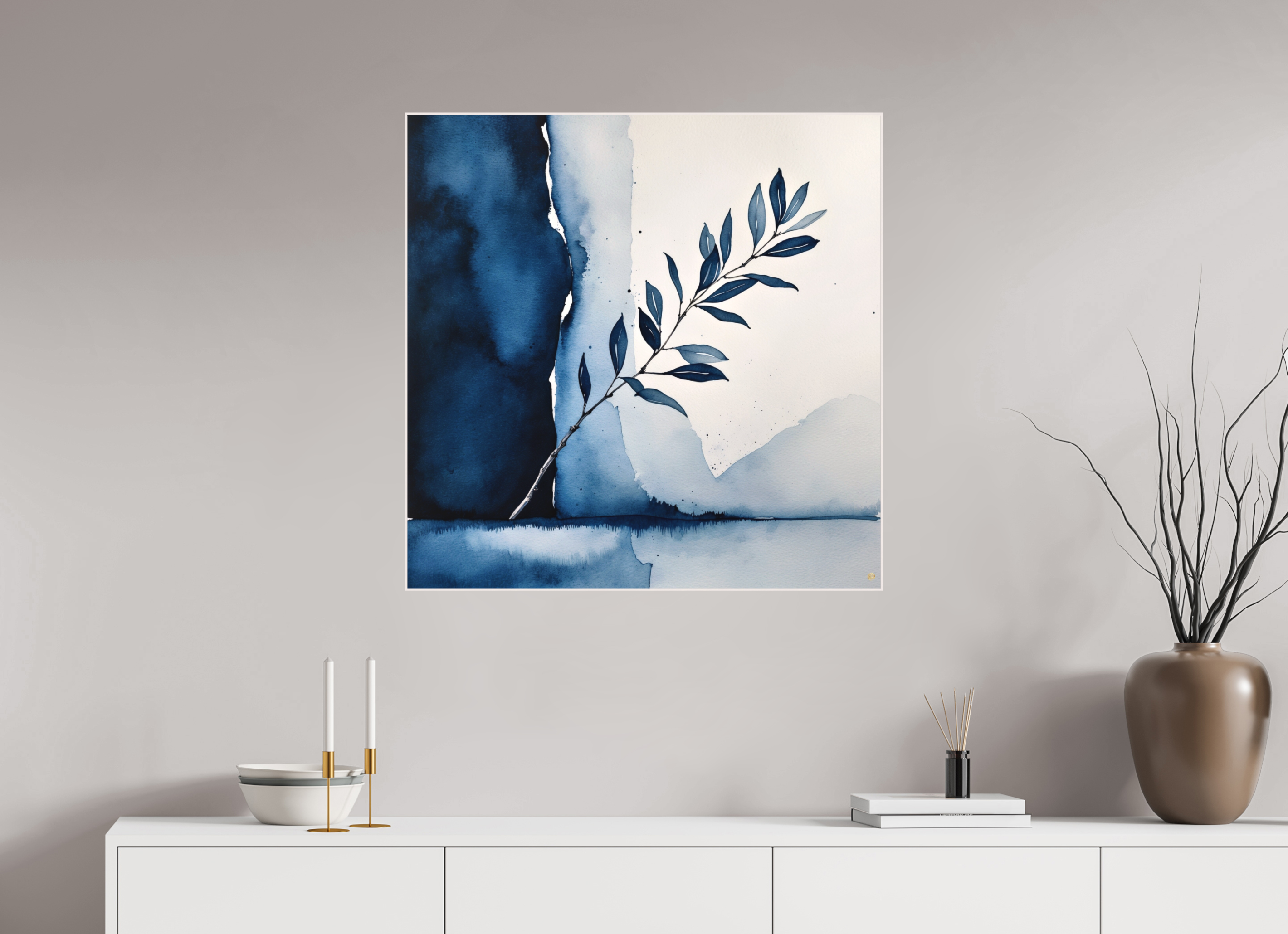 80 x 80 cm, Dibond 3mm, Canson Arches Aquarelle Rag, Artbox Wood Frame White Indigo Botanical II